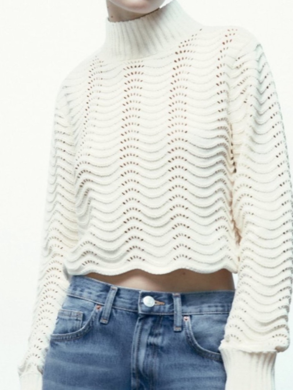 Zara Cream Openwork Chenille Turtleneck Sweater